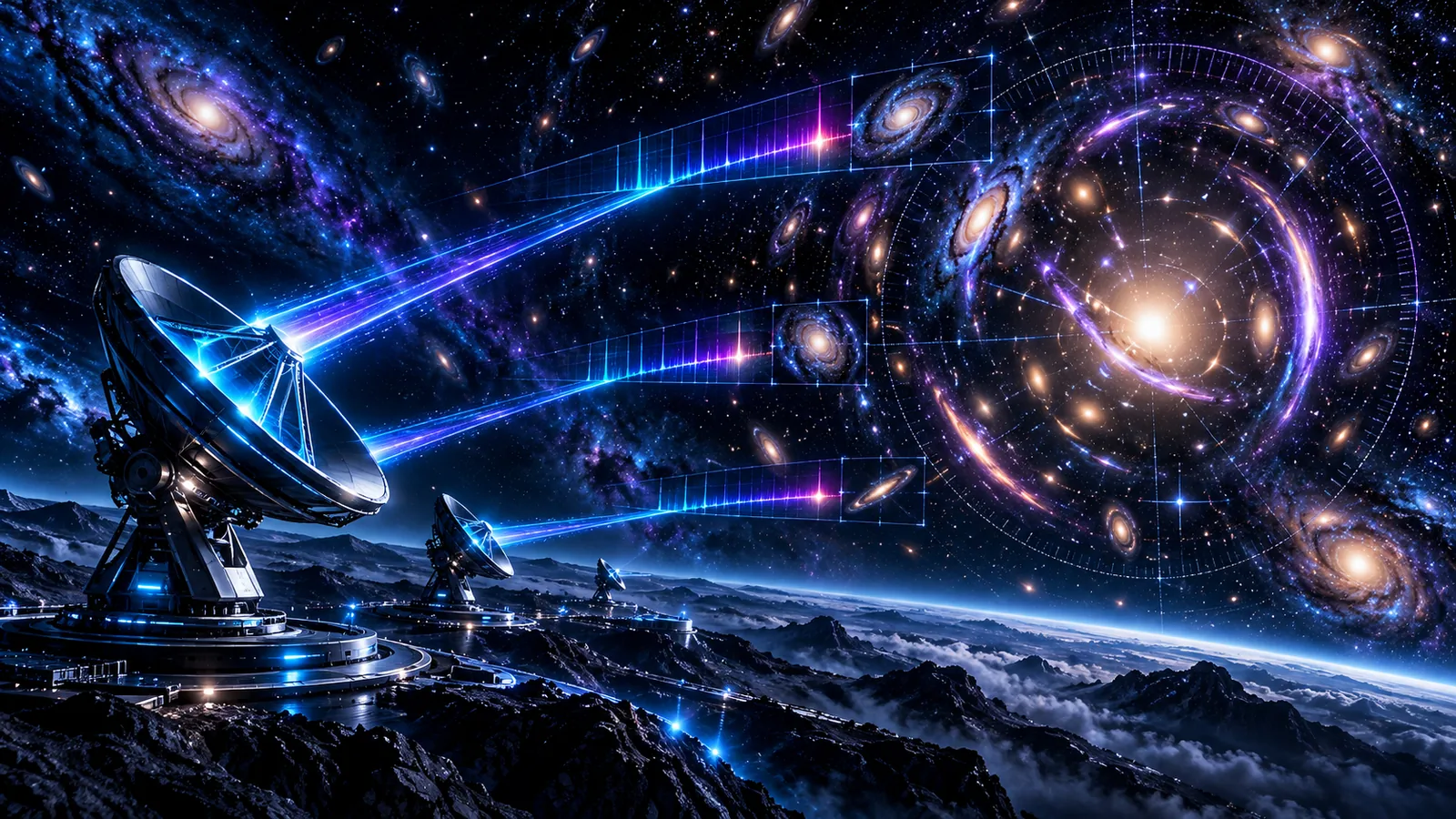 Illustrated telescopes and spectral traces pointing toward distant galaxies and gravitational lensing arcs.